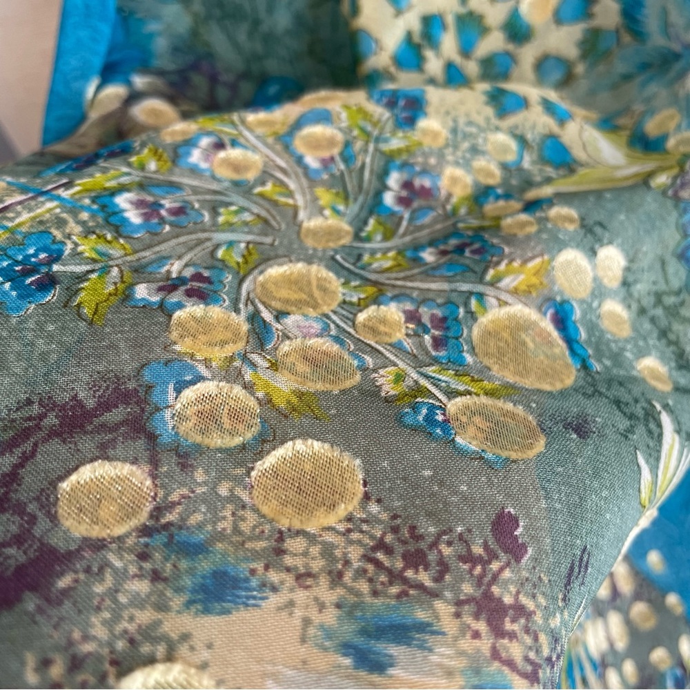 Long Floral Scarf‎ Dots Blue Textured Floaty Women 41x88 Art-to-Wear Boho Roses - Picture 8 of 8